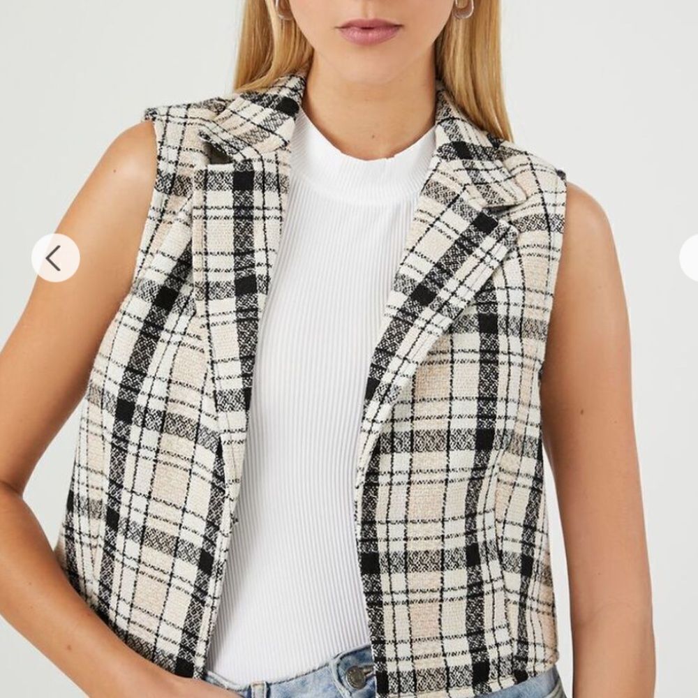 Tweed Plaid Open-Front Vest